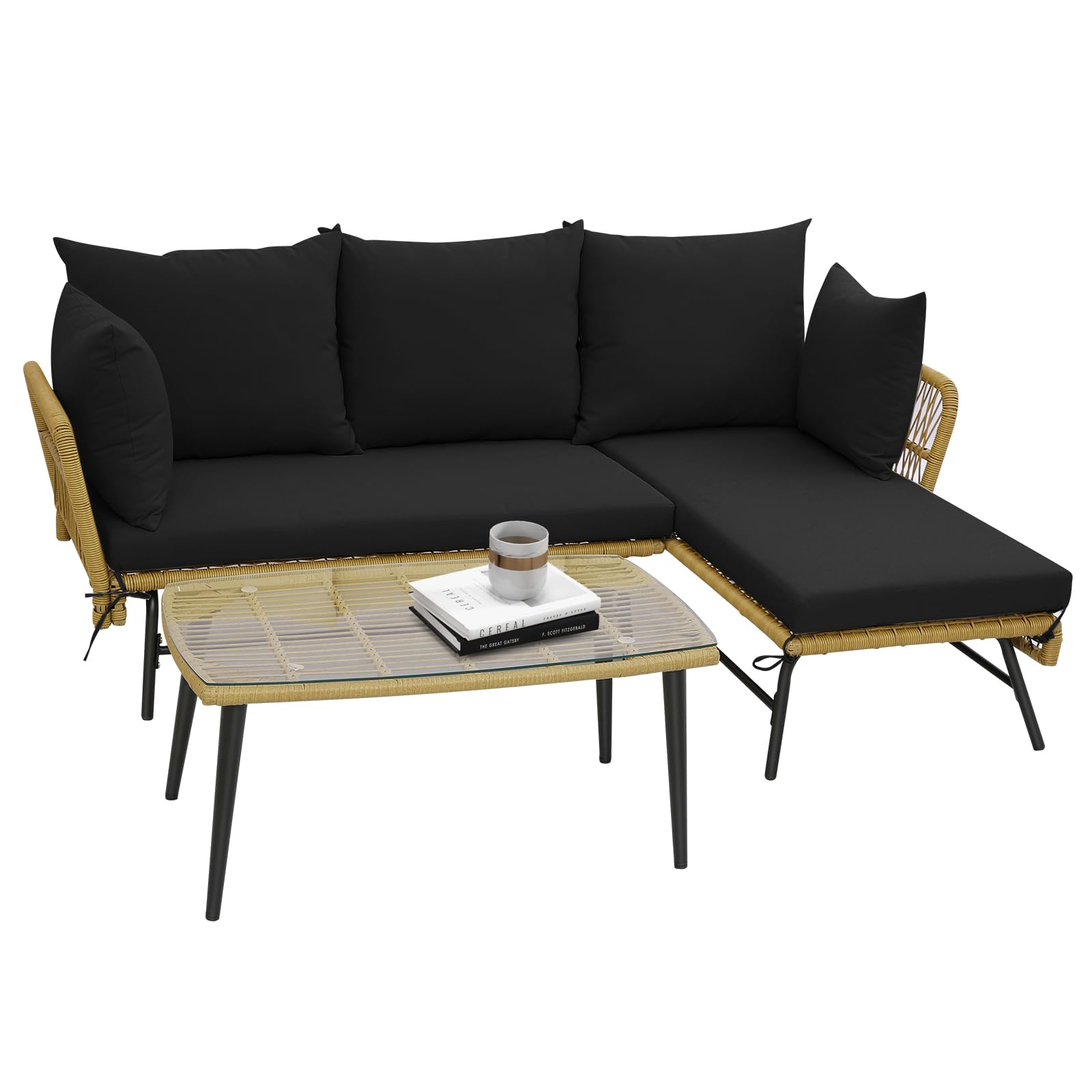 Ensemble de meubles d'extérieur en osier Tangkula, canapé de patio en forme de L 3 pièces avec coussins et table en verre trempé